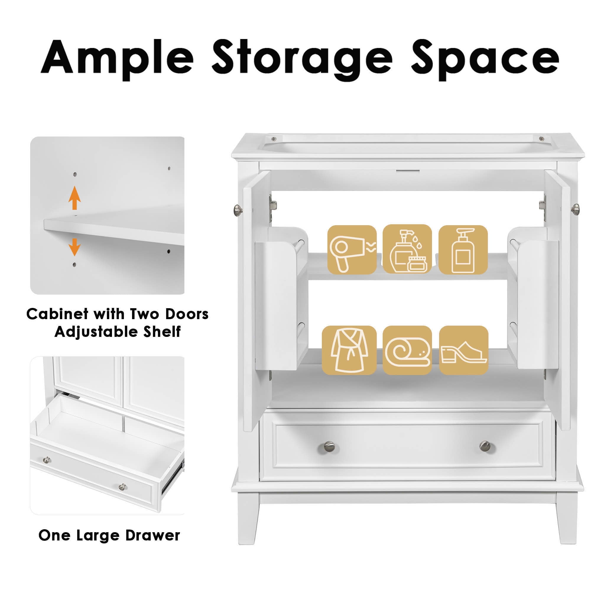 MAYEERTY 30" Bathroom Vanity with Sink Multi-functional Cabinet Doors Drawer Solid Frame MDF White