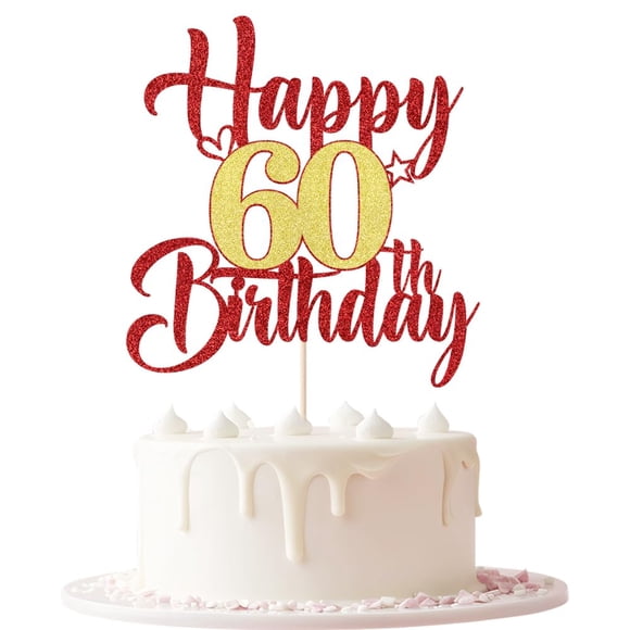 Keoysek Red Gold 60th birthday cake topper Glitter Happy 60th birthday cake topper 60th birthday party cake decorations Photo Booth Props