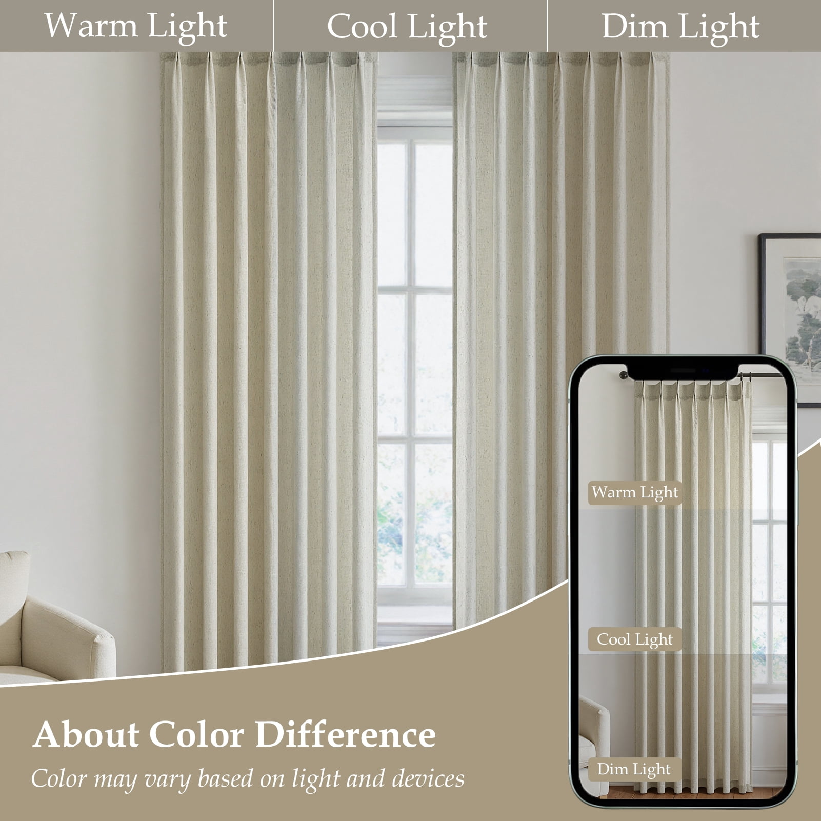 Jainmy Pinch Pleated Linen Curtains, Boho Light Filtering Living Room Bedroom Curtain,Window Treatments with Hook,Natural Linen, 40x94 inch, 2 Panels