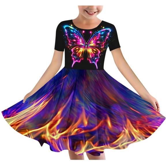 Girls Short Sleeve Casual Summer Dress Butterfly Print Cute A-Line Princess Swing Skater Dresses for Kids 4-14 Years