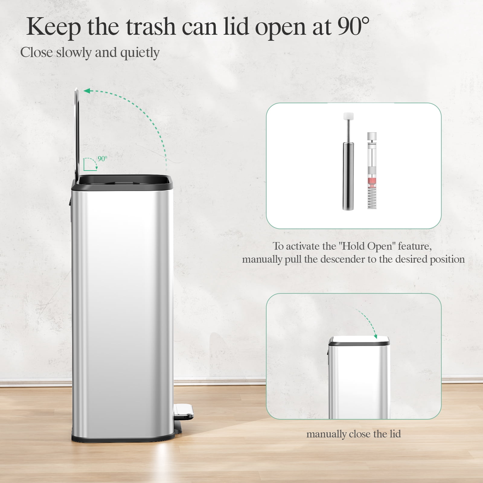 Arlopu 8 Gallon Stainless Steel Step Kitchen Trash Can with Lid, Square Garbage Can for Indoor, Silver