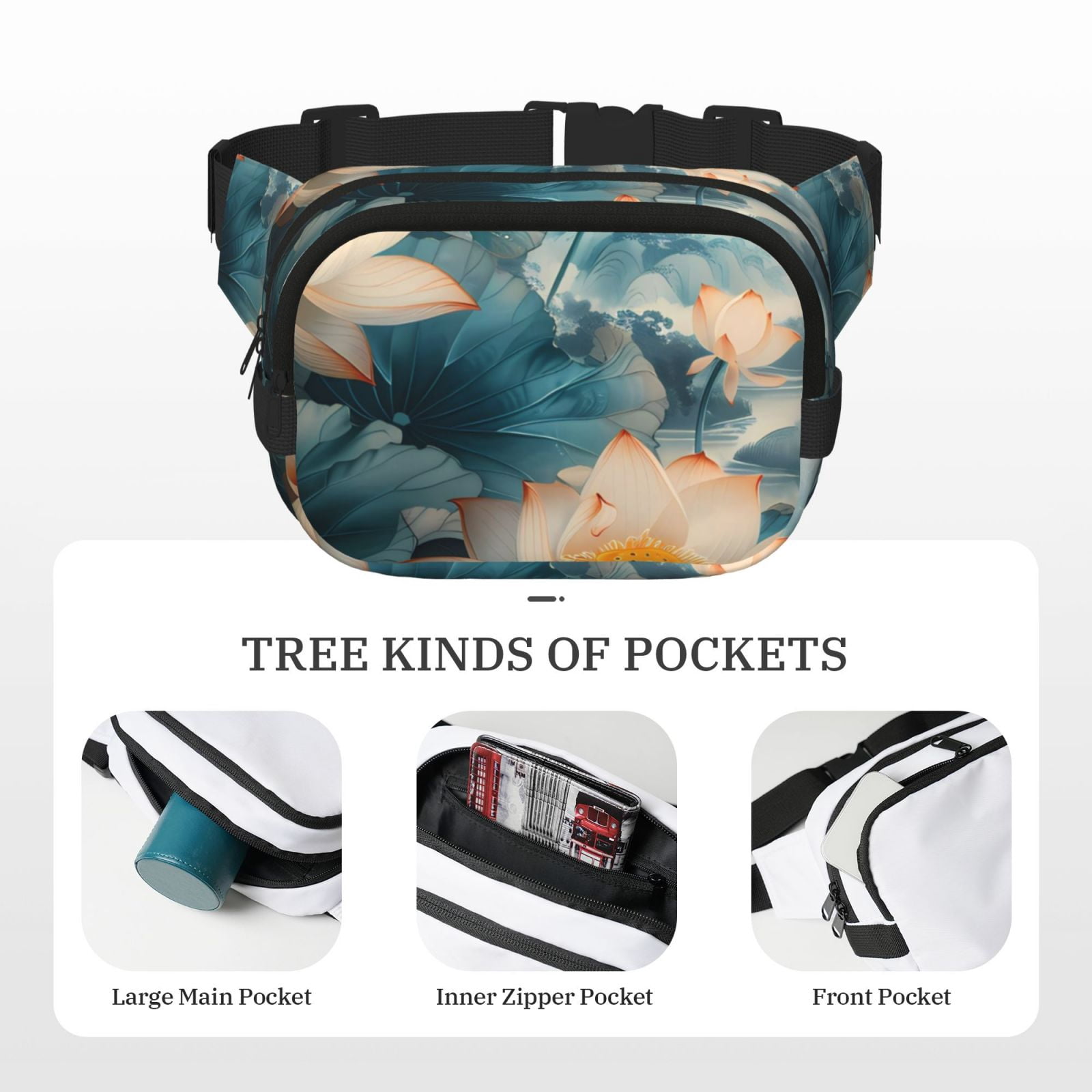 Picia Mountain Lotus Serenity Print Square Double-Layer Waist Bag Mini Adjustable Waist Belt Bag Exercise Running Travel Hiking