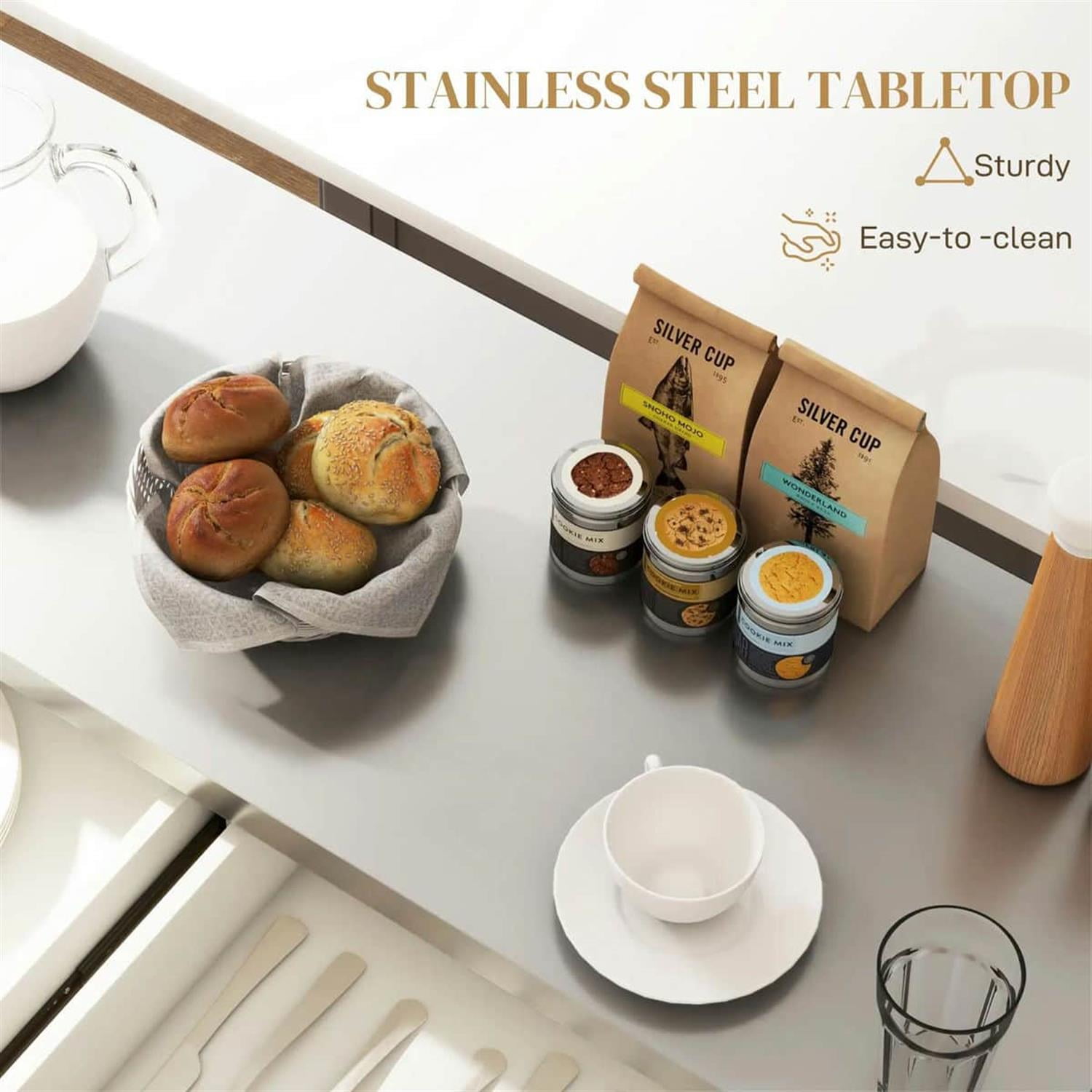 Demi Bonn 57" Rolling Kitchen Island with Stainless Steel Top, 2-Drawer Storage, Spice & Knife Rack, Mobile Island Cart for Cooking & Dining, White