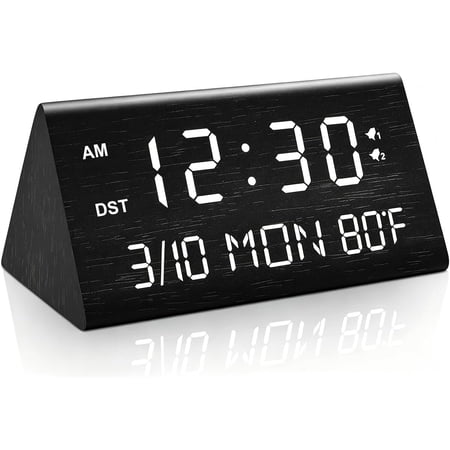 Wooden Digital Alarm Clock, 0-100% Dimmer, 2 Alarm Settings, Weekday/Everyday Mode, 9 Mins Snooze, 12/24H, Temperature and Date Display for Office, Travel, Bedroom Alarm Clock (Black)