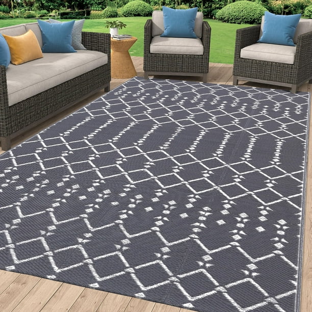 Alfombra de exterior Smiry, 183 x 274 cm, impermeable, reversible, gris