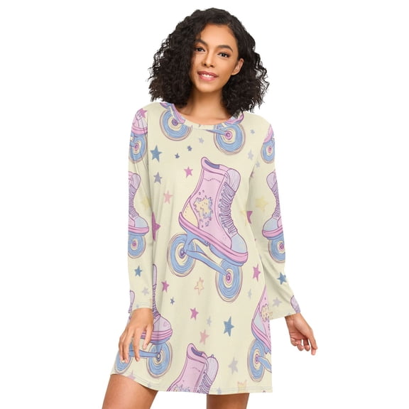 FORMRS Womens Long Sleeve Nightgowns Crew Neck Sleep Shirt Soft Pajamas Sizes S-3XL, Roller Disco