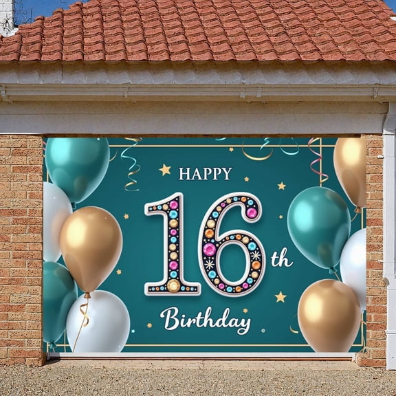 Gemstone Decorated 16th Birthday Banner Balloon Accent Sweet 16 Display Star Pattern Teal Gold Color Backdrop for Sweet 16 Party Teenage Birthday Photo Shoot