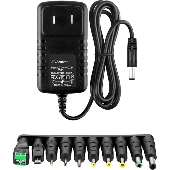 9V 1A Power Supply Adapter, 9W Universal AC to DC Charger with 10 Interchangeable Jacks, Micro USB and LED Terminal, Center Positive, for 9V Electronics up to 1000mA