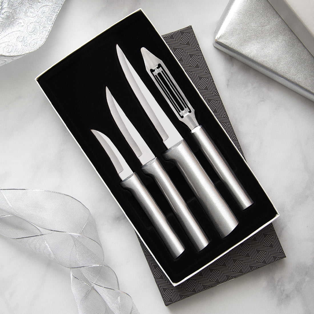Rada Kitchen Knives Boxed Set, 4 Pc Meal Prep Gift Set, Veggie Peeler and Granny, Heavy Duty, and Super Paring Knives