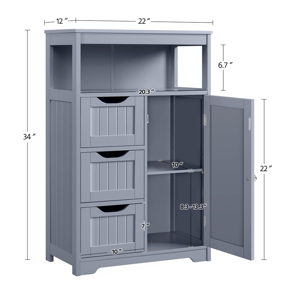 Yaheetech Wooden Floor Cabinet w/ Multi-Tiers & 3 Drawers, Gray