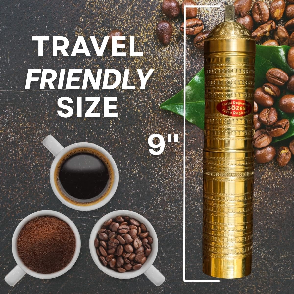 Sozen Hammered 9" Manual Coffee Grinder Brass – Hand Crank Burr Mill for Turkish Coffee, French Press, Espresso, Camping & Home Use