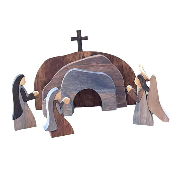 Figuras de escena de resurrección de Pascua decoraciones de madera lisas resistentes para gabinetes de vacaciones