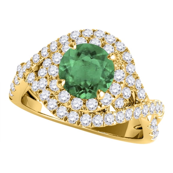 Aonejewelry 1.10 Ct. Ttw Splint Shank Interwined Design Diamond and Emerald Ring In 14k Yellow Gold