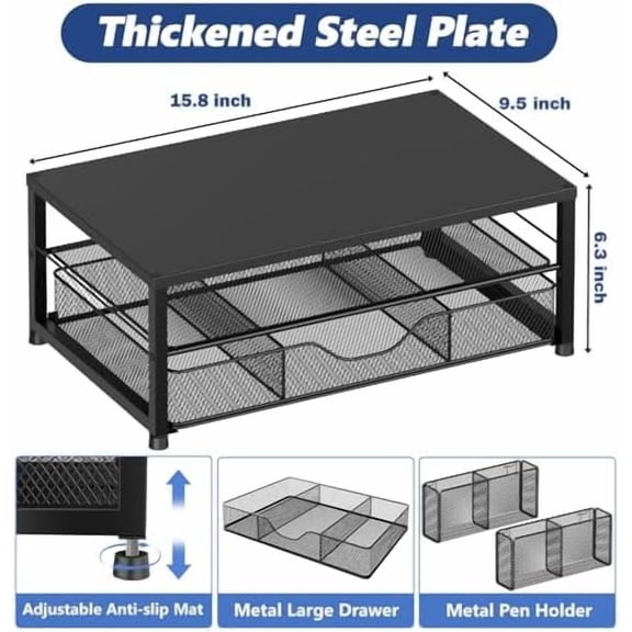 Desk Organizer and Accessories, 2-Tier Computer Monitor Stand Riser with Drawer and 2 Pen Holders, Laptop Stand, Office Desk Accessories for Office Supplies, Black