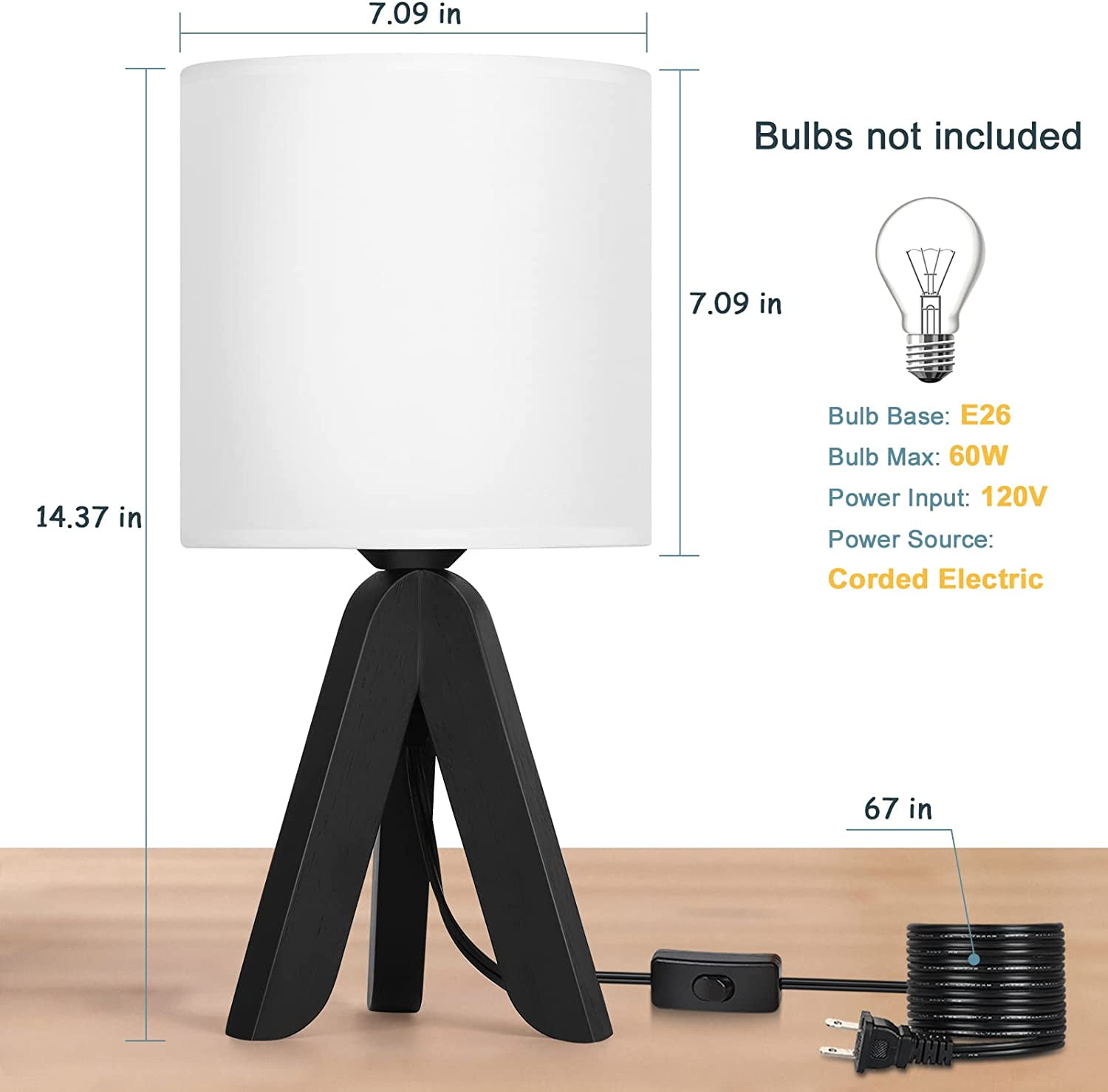 Oumilen 14.37” Smooth Wooden Tripod Table Lamp with White Fabric Shade (2 Count)