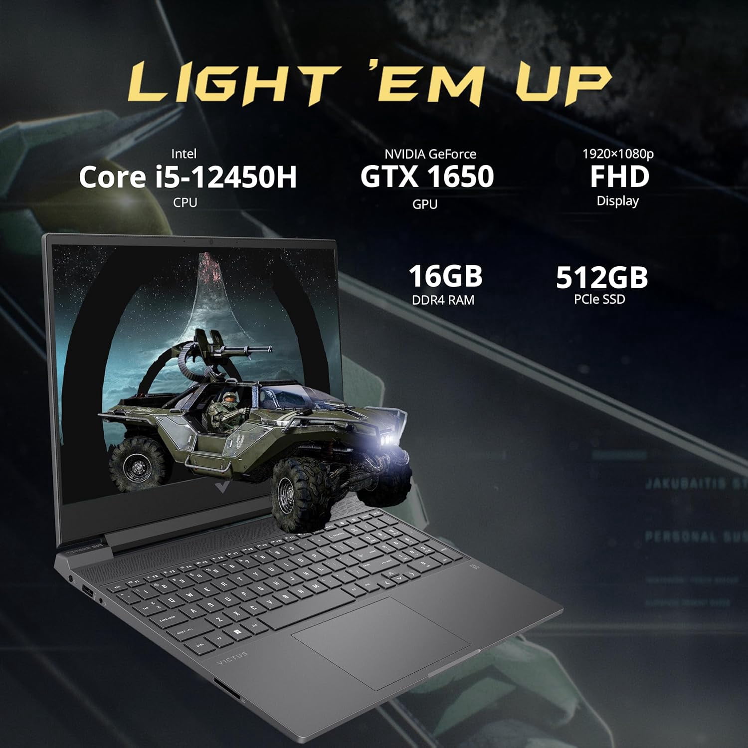 HP Victus 15.6" 144Hz Gaming Laptop, Intel Core i5-12450H, 16GB RAM, 512GB PCIe SSD, NVIDIA GeForce GTX 1650 Graphics 4GB, Backlit Keyboard, WiFi 6, Bluetooth, Win 11, Black, Hotface 32GB USB Card