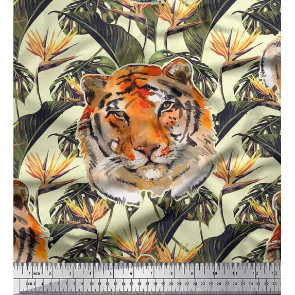 Soimoi Velvet Fabric Tropical Leaves & Tiger Face Jungle Print Sewing Fabric Yard 58 Inch Wide