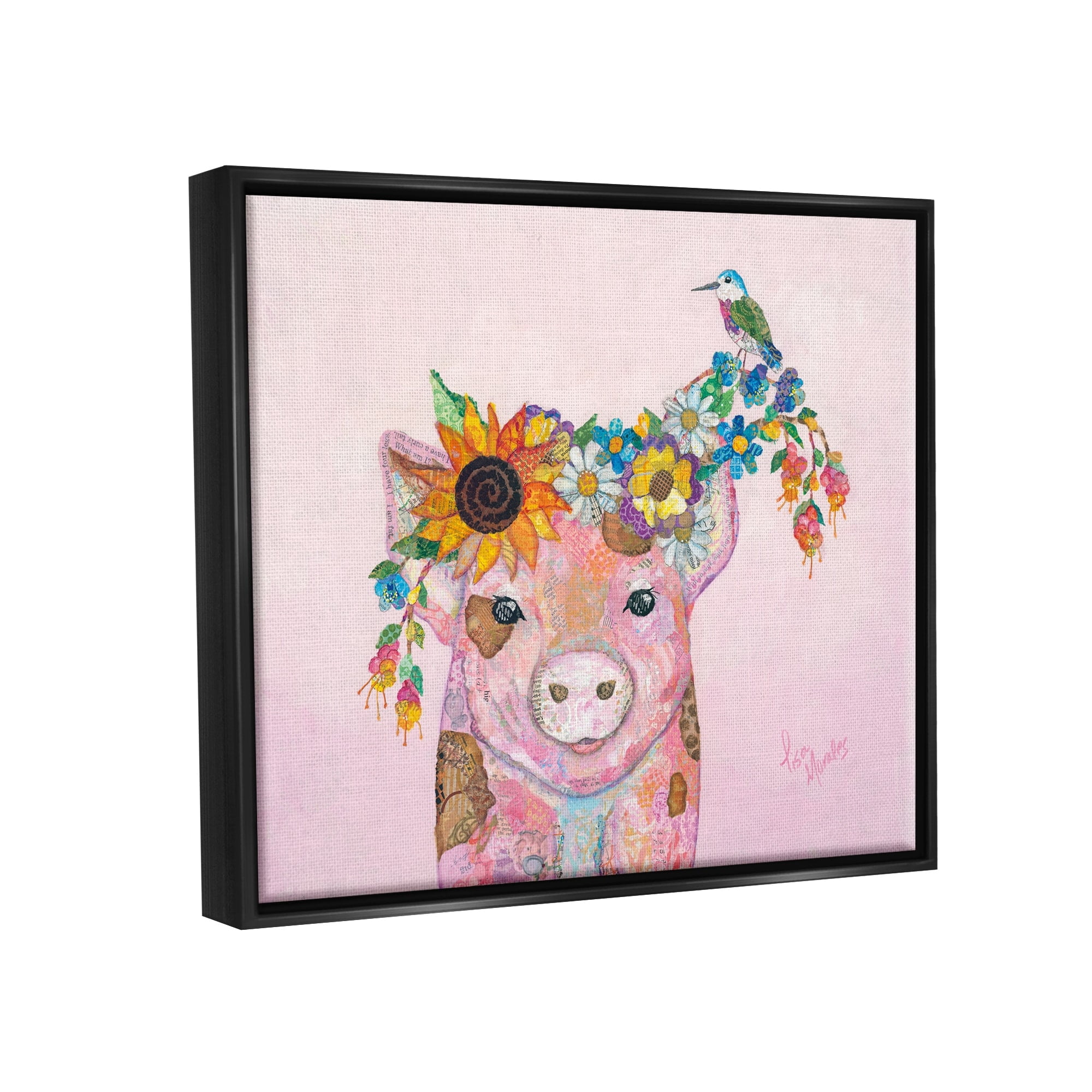 Stupell Industries Floral Pink Little Piggy & Bird Animal Collage Painting Jet Black Floating Framed Canvas Print Wall Art, Design by Lisa Morales