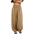 thumbnail image 3 of Women's Solid Color High Waisted Gathered Cotton Linen Pants, Balloon Harem Trousers with Elastic Cuff, Loose Wide Leg Breathable Summer Travel Casual Pants Khaki XXL, 3 of 5