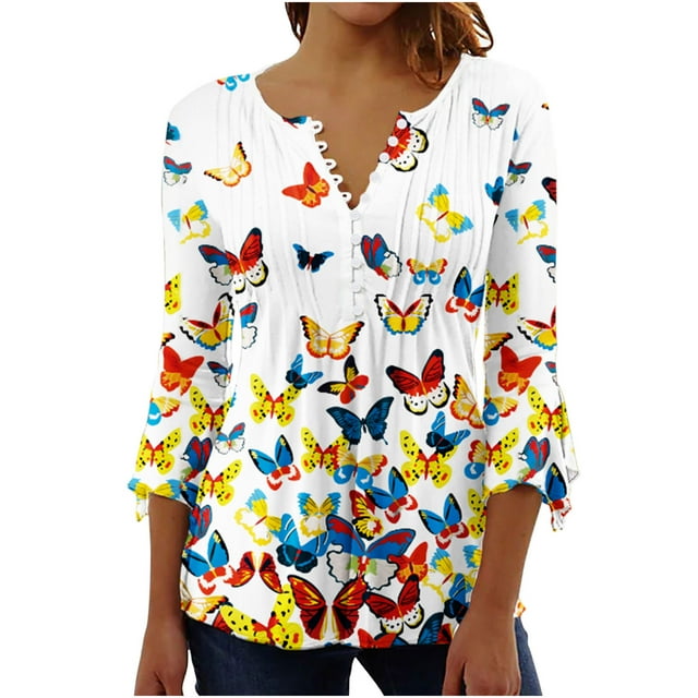 Birdeem Blouse d'Été Aguichant pour Femmes, Manches 3/4, Col en V, Boutons