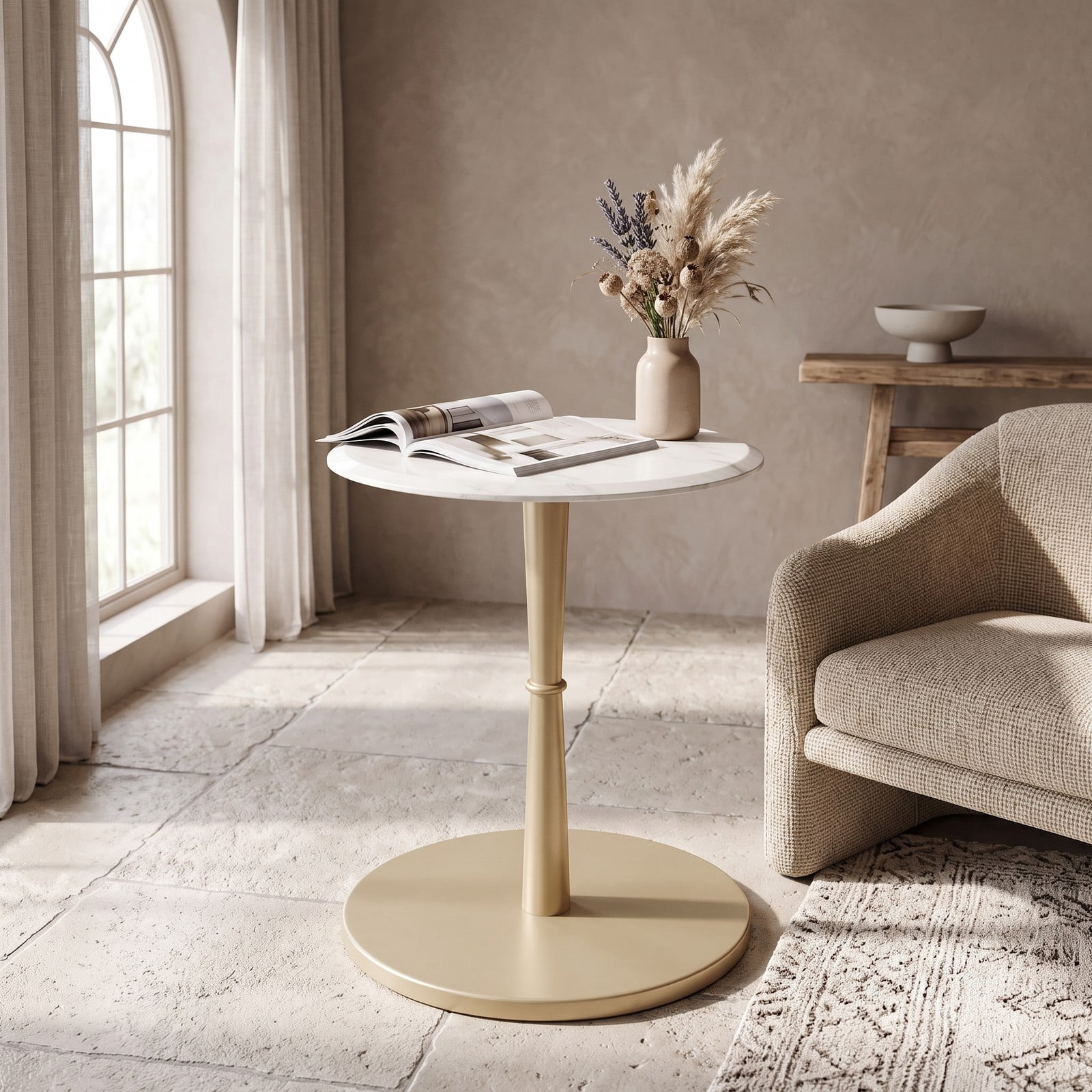 Furnibear Round Marble Side Table, Genuine Stone End Table with Solid Wood Base, Waterproof Heat-Resistant Accent Nightstand for Living Room Bedroom, White and Gold