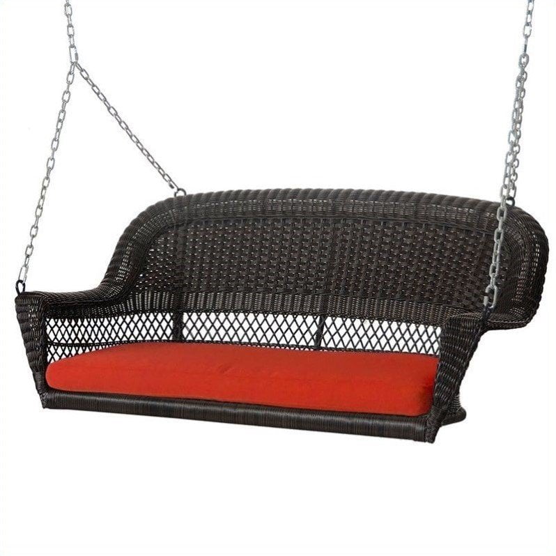 Jeco Wicker Porch Swing in Espresso with Red Cushion by Jeco Inc.