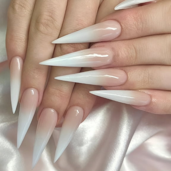 RAGUPEL Long Stiletto, 24 Pieces, White, Pink, Gradient, Acrylic False Nail, Press on Nail