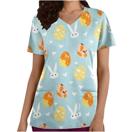 

atinetok Easter Shirts for Women Trendy Rabbit Printed Womens Scrub Tops Dressy T-Shirt Hide Belly Short Sleeve V Neck Blouse