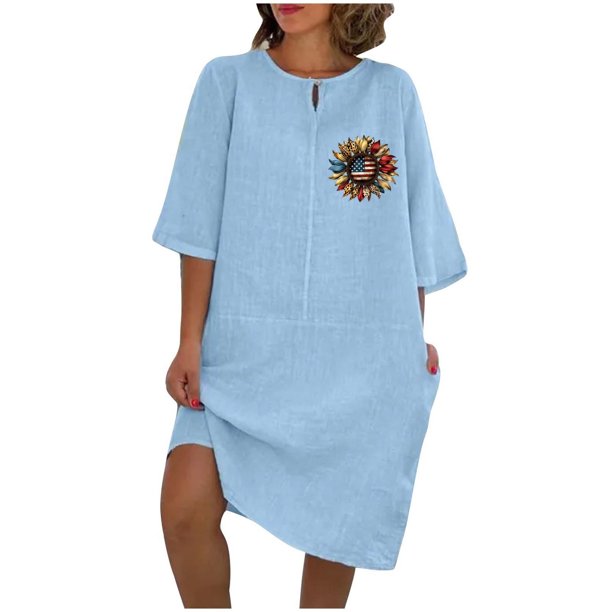 Vestido de Verano para Mujeres Color Sólido Imitación de Lino Cuello Redondo, Manga Corta Estilo Casual para el Uso Diario, Fiesta Y Primavera