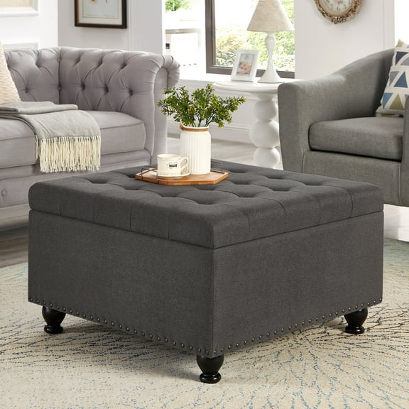 Large Dark Grey Linen Storage Ottoman | Button Tufted Square Coffee Table with Espresso Wooden Legs & Nailhead Trim | Living Room Furniture, 30"