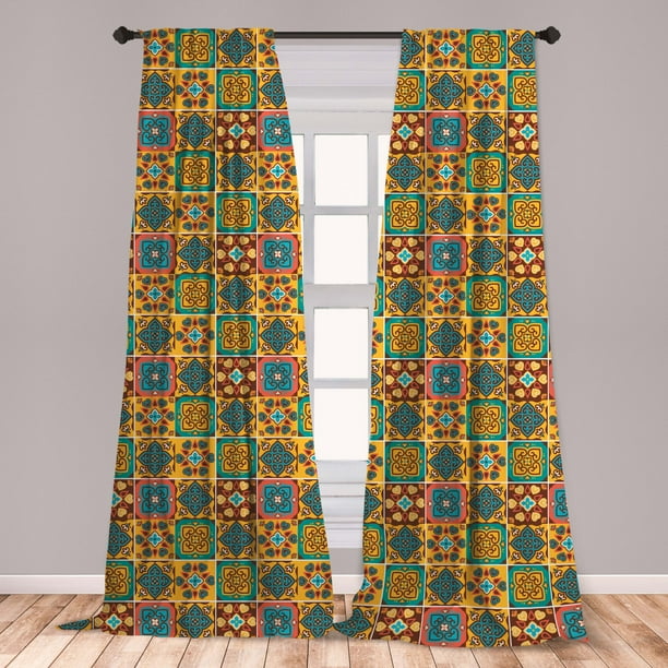 Traditional Curtains 2 Panels Set, Floral Tile Mosaic Style Azulejo