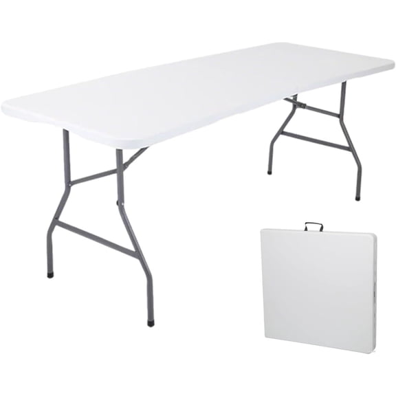 6 Feet Folding Table,Portable Plastic Foldable Table with Steel Legs&Carrying Handle for Party,Dining,Indoor/Outdoor Picnic, Camping,Weddings,Garden Dining(White-70" *28")