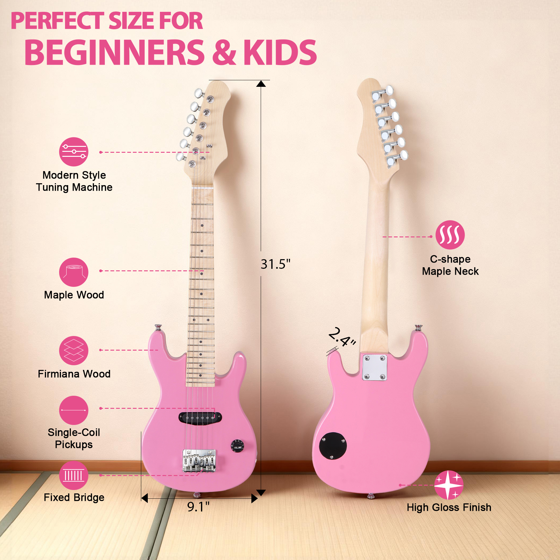 ZenSports 30-inch Kids Electric Beginner Guitar 3/4 Size W/Amp & Accessories Pack, Right-Handed Pink