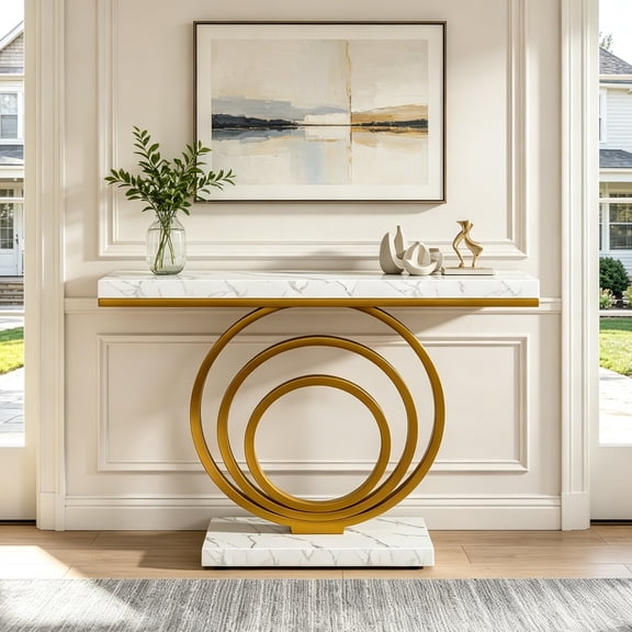 Fnova 41" Modern Console Table, Gold & White Geometric Entryway Table with Faux Marble Top, Contemporary Narrow Sofa Table for Living Room, Hallway