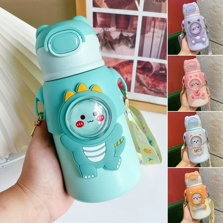 

nbuaila 520ML Childrens Insulation Cup Boys and Girls Cartoon Straw Stainless Steel Insulation Cup with Shoulder Strap 316 Food Grade Cup Travel School Home