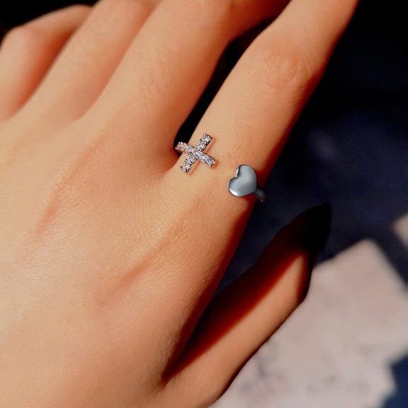 Adjustable Rings for Women, Stackable Rings, Opening Ring for Women, Cross Ring for Women, Christian Rhinestone Double Cross Ring, Silver