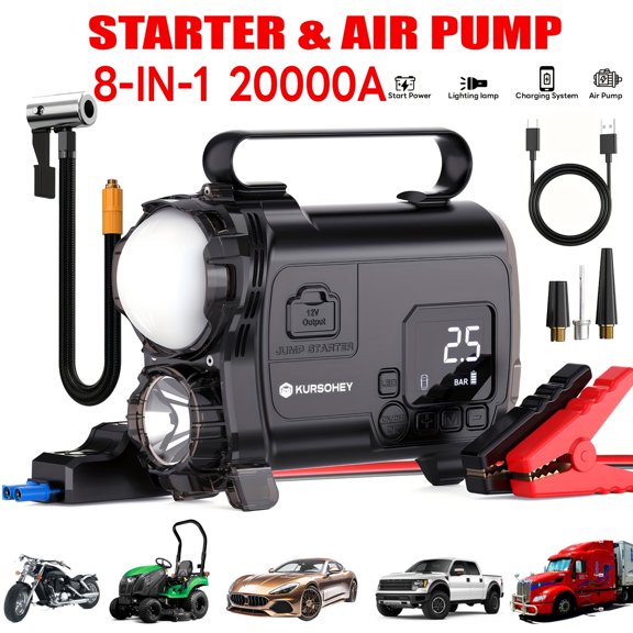 SHARMEAL 20000A Jump Starter Power Pack with 150PSI Air Compressor, 12V Portable Car Battery Booster(9.0L Gas/7.0L Diesel), Car Starter Power Bank with Jump leads, LCD Screen, Emergency Light