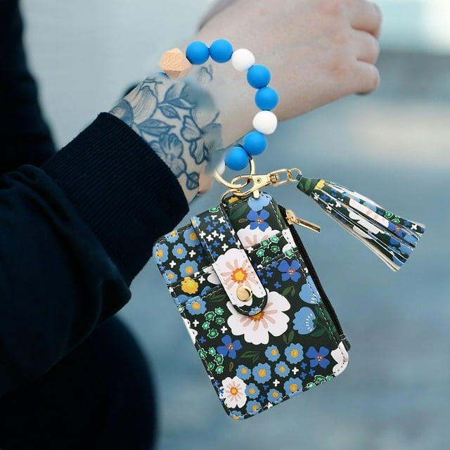 ID Bag Silicone Bracelet Floral Folding Card Holder Printed Leather Wallet Keychain Including Keychain ID Bag Floral Wallet Card Holder