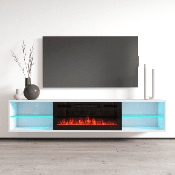 Lima BL-EF Floating Fireplace TV Stand for TVs up to 80", Modern Matte 72" Entertainment Center, Wall Mounted Electric Fireplace TV Media Console with Storage Cabinets