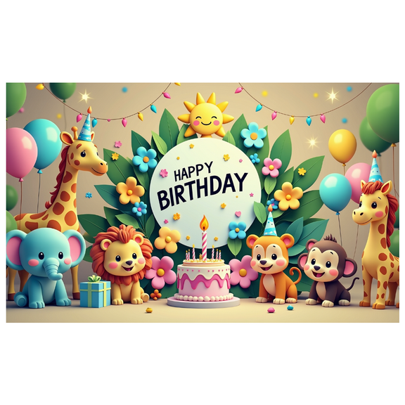 LUUFILx Cute Animal Themed Happy Birthday Backdrop Banner Party Supplies with Cartoon Animals Flowers Balloons Photography Props for Birthday Party Decorations
