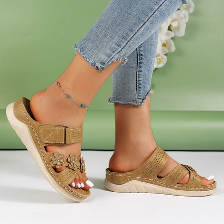 

ZHELIYO Women s sandals Women Summer Flowers Decorate Slip On Casual Open Toe Wedges Comfortable Beach Shoes Sandals Khaki 6.5