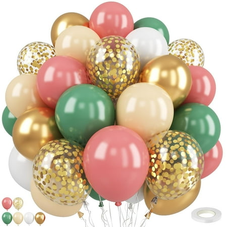Retro Pink and Green White Gold Confetti Baby in Bloom Balloons, Sage Green and Dusty Pink Balloons for Girls Women Fairy Floral Wildflower Birthday Woodland Baby Shower Garden Tea Party Decorations
