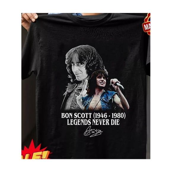 T Shirt Men's Bon Scott Tribute Legends Never Die