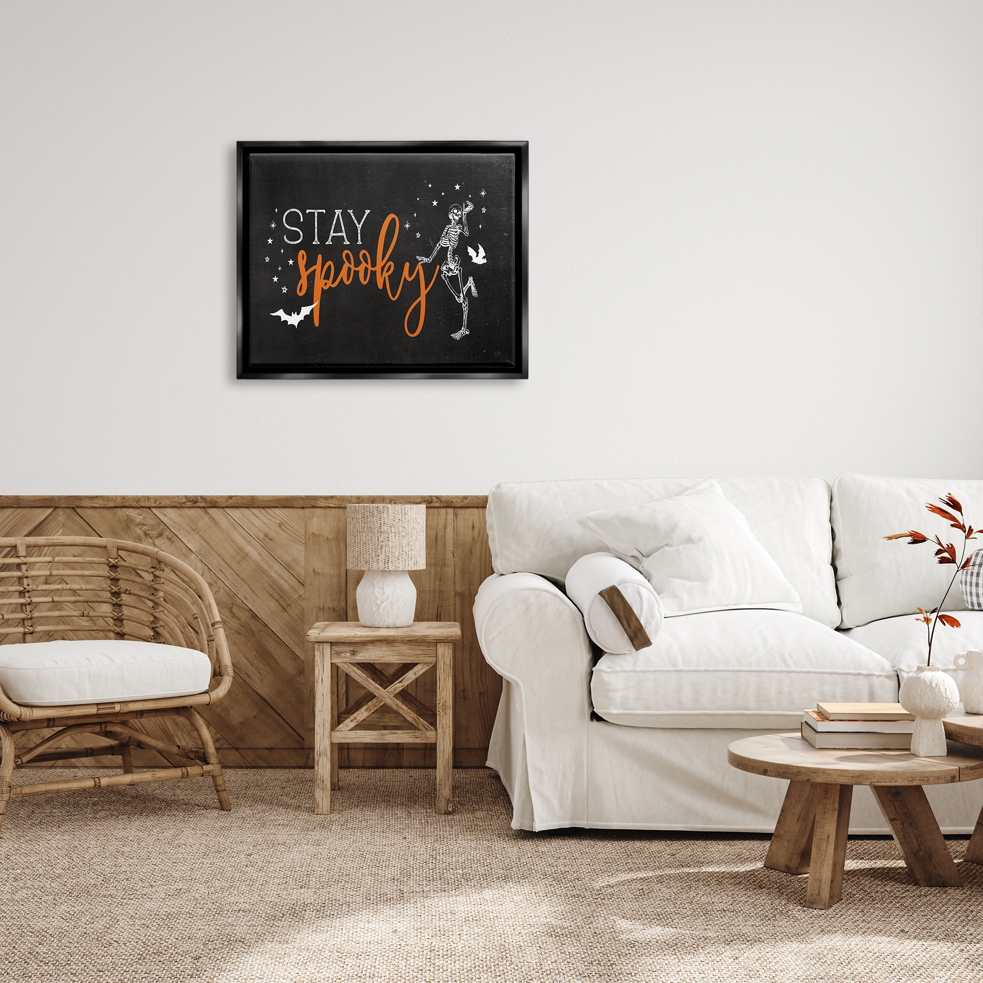 Stupell Industries Stay Spooky Skeleton Holiday Painting Black Floater Framed Art Print Wall Art, 31 x 25