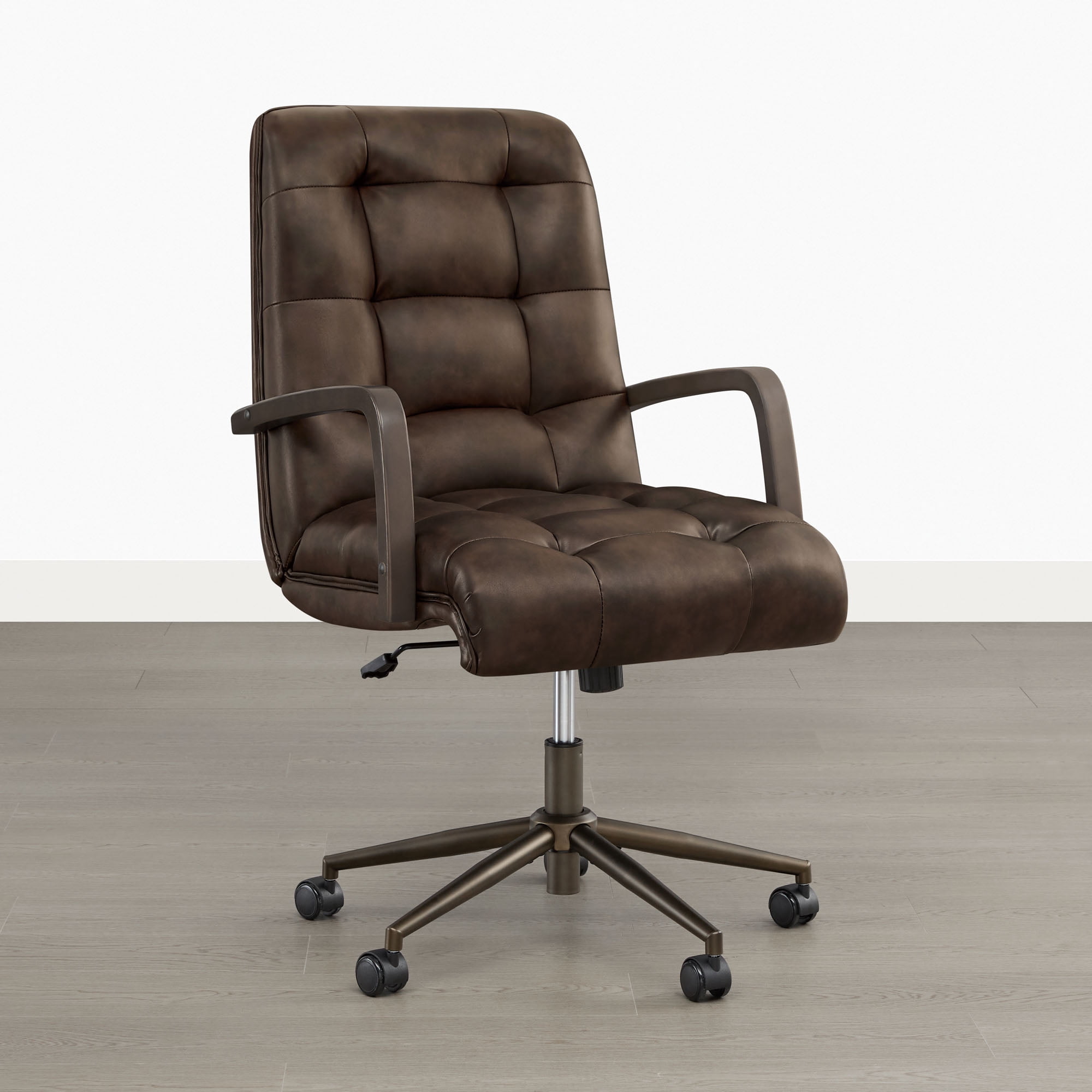 Spruce & Spring Mid-Century Modern Office Chair with Solid Wood Arms, Faux Leather Desk Chair with Adjustable Height & Tilt for Home Office, Espresso