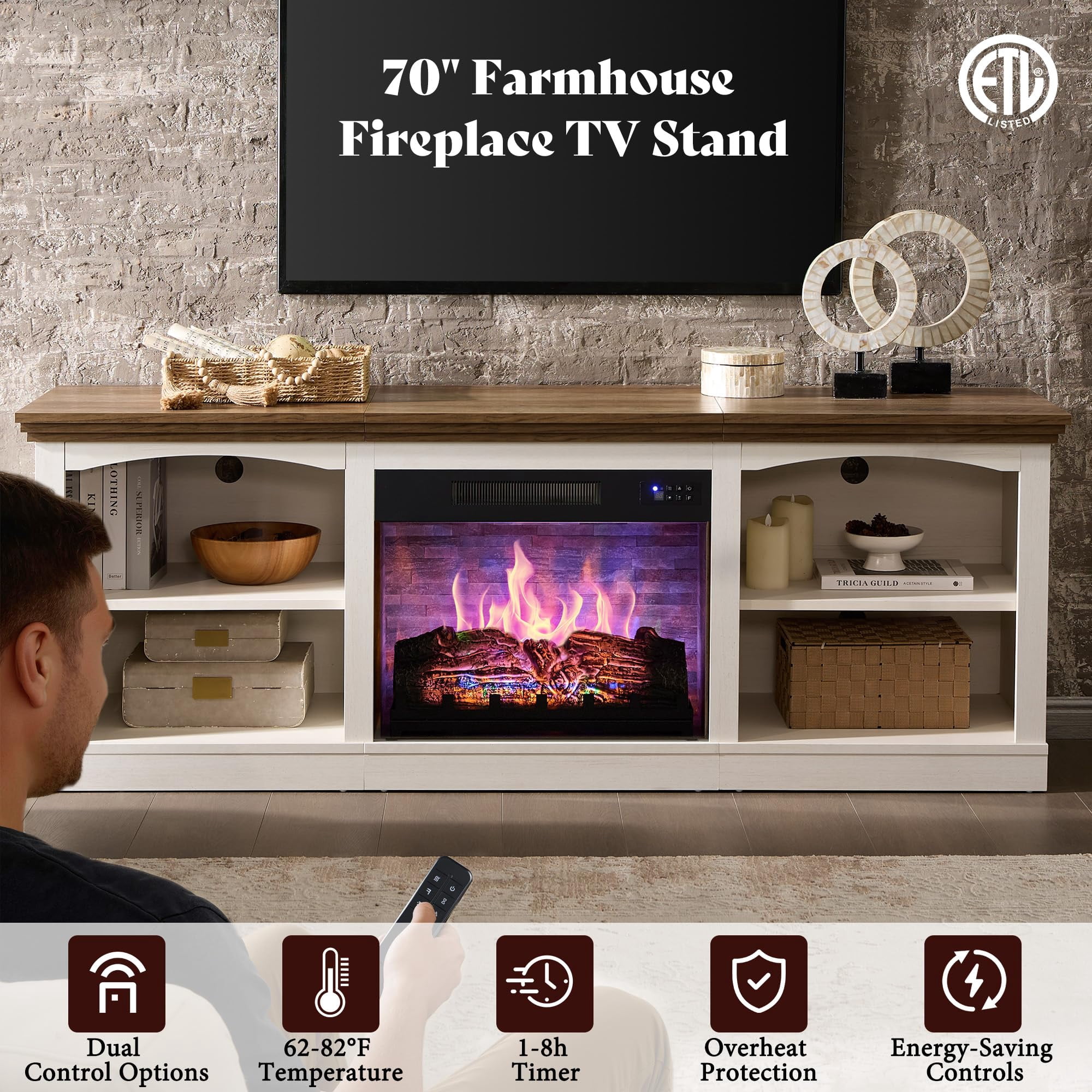 Merluxy 70" Fireplace TV Stand for TVs up to 80", Farmhouse Entertainment Center with 23" Electric Fireplace, Distressed White