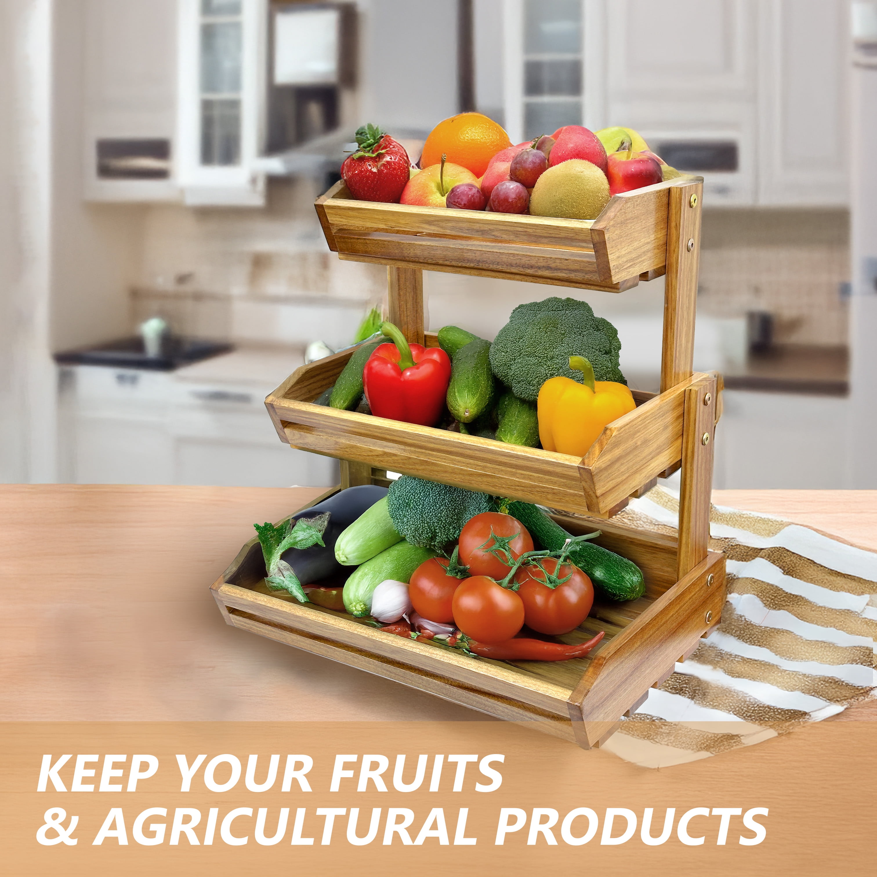 Acacia Wood Fruit Basket - 3-Tier Fruit Bowl for Kitchen Counter, Extra Large 16x12.5x18 in, Fruteros Para Cocina, Fruit and Vegetable Storage (3 Tier)