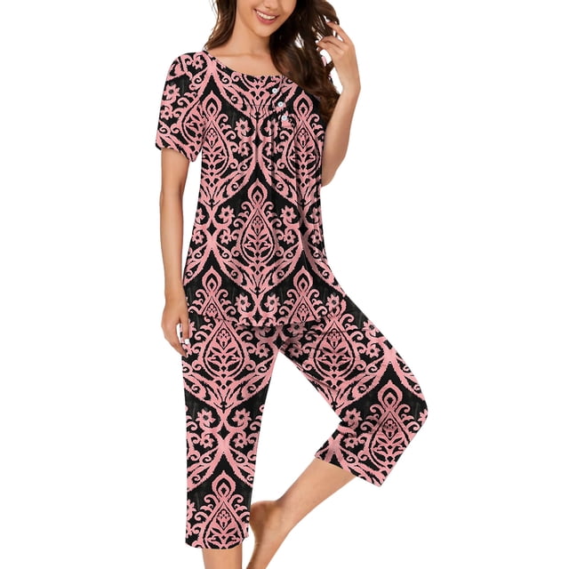 Pisexur Pyjamas pour Femmes Ensemble, Pyjamas pour Femmes, Blouse Décontractée à Boutons Col Rond Manches Courtes Mode Poches Pantalon Ensemble de Pyjamas Rose,P