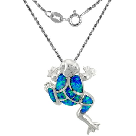 Sterling Silver Synthetic Opal Frog Necklace for Women Hand Inlay 1 1/8 inch Tall 18 inch ROPH_25