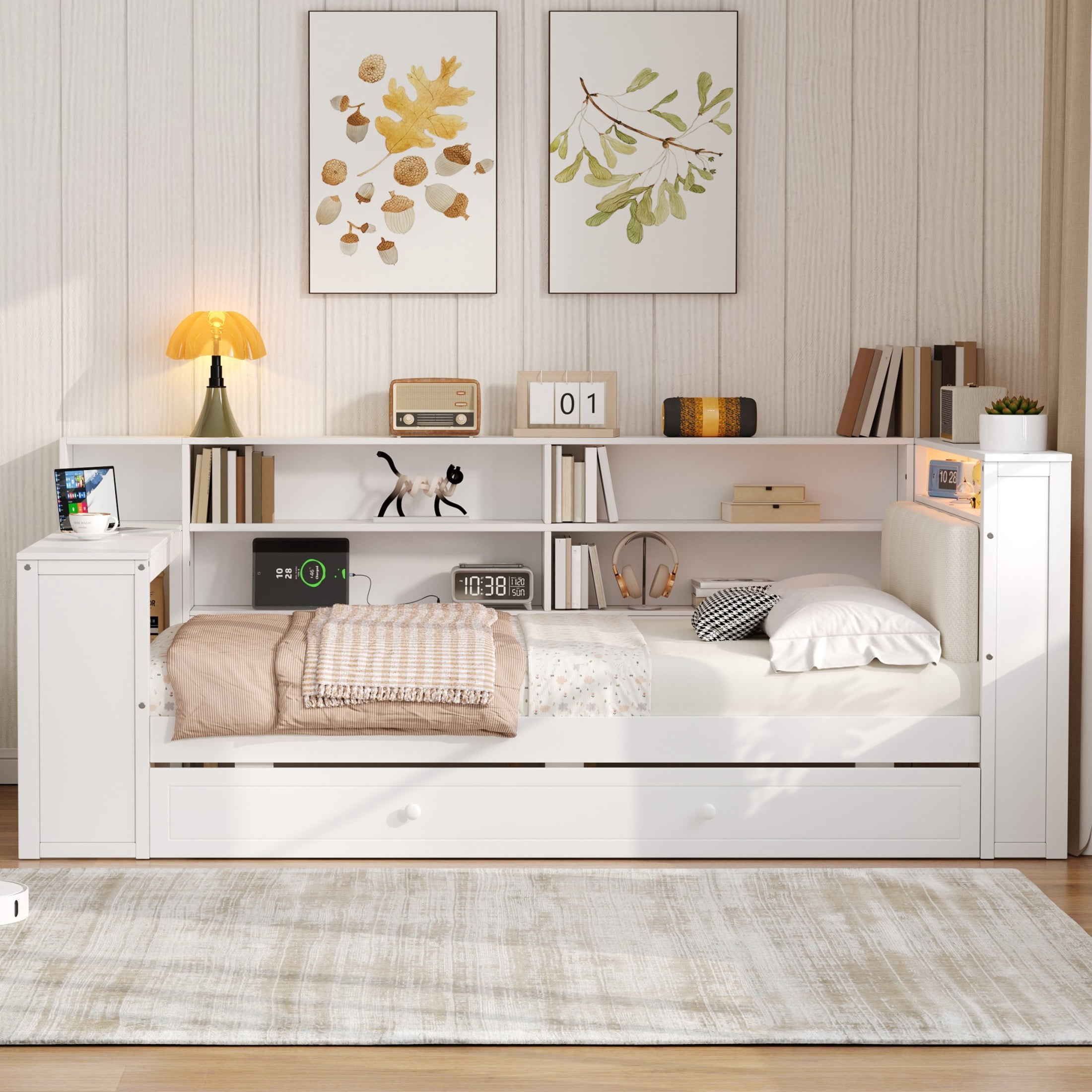 Noble House Twin Platform Bed with Upholstered Headboard, Extra Trundle, Storage Shelves and Charging Station, White